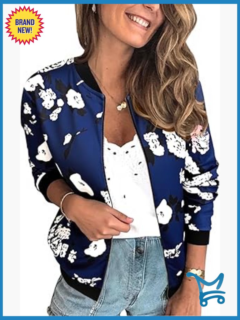 Casual Floral Zip Up Bomber Jacket Lightweight Short No Lining Outwear With